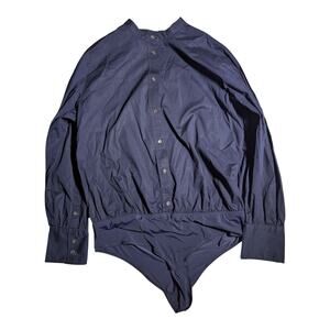 J. Crew Navy Blue Poplin Button Up Collarless Stretch Perfect Bodysuit Sz 18